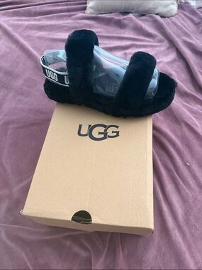 UGG Black Plush Slide with Branded Heel Strap